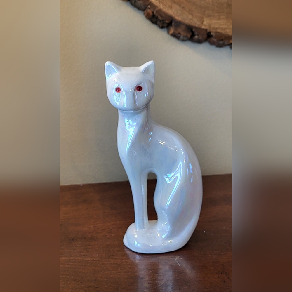 Vintage White Ceramic Cat Figurine Iridescent Red Eyes Mid-Century Modern 8.75"